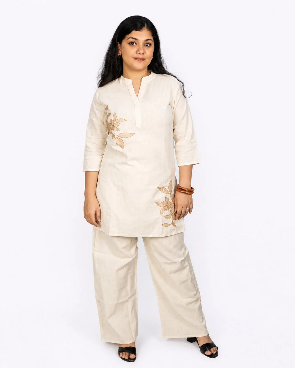 Beige Floral Kurti Set - M - Kurti Set