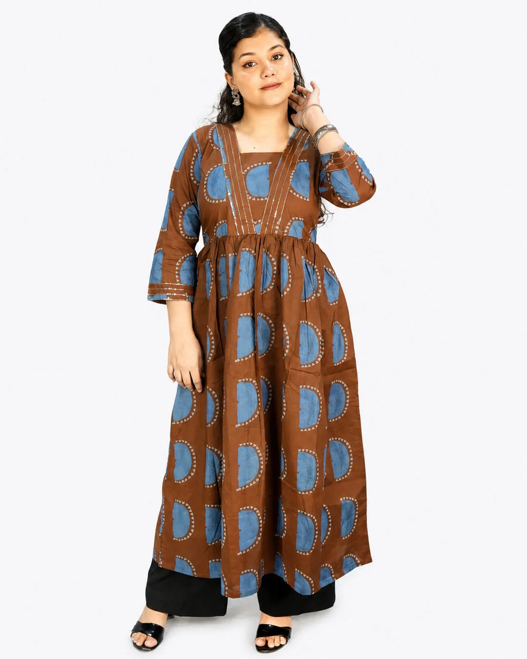 Brown Printed A-Line Kurti - M - Kurti