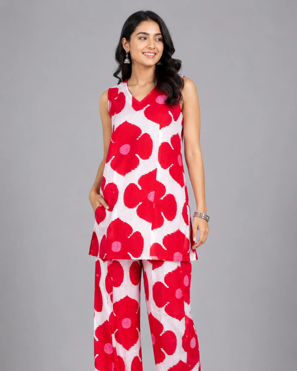 Coral Floral Co-Ord Set - M - Kurti Set