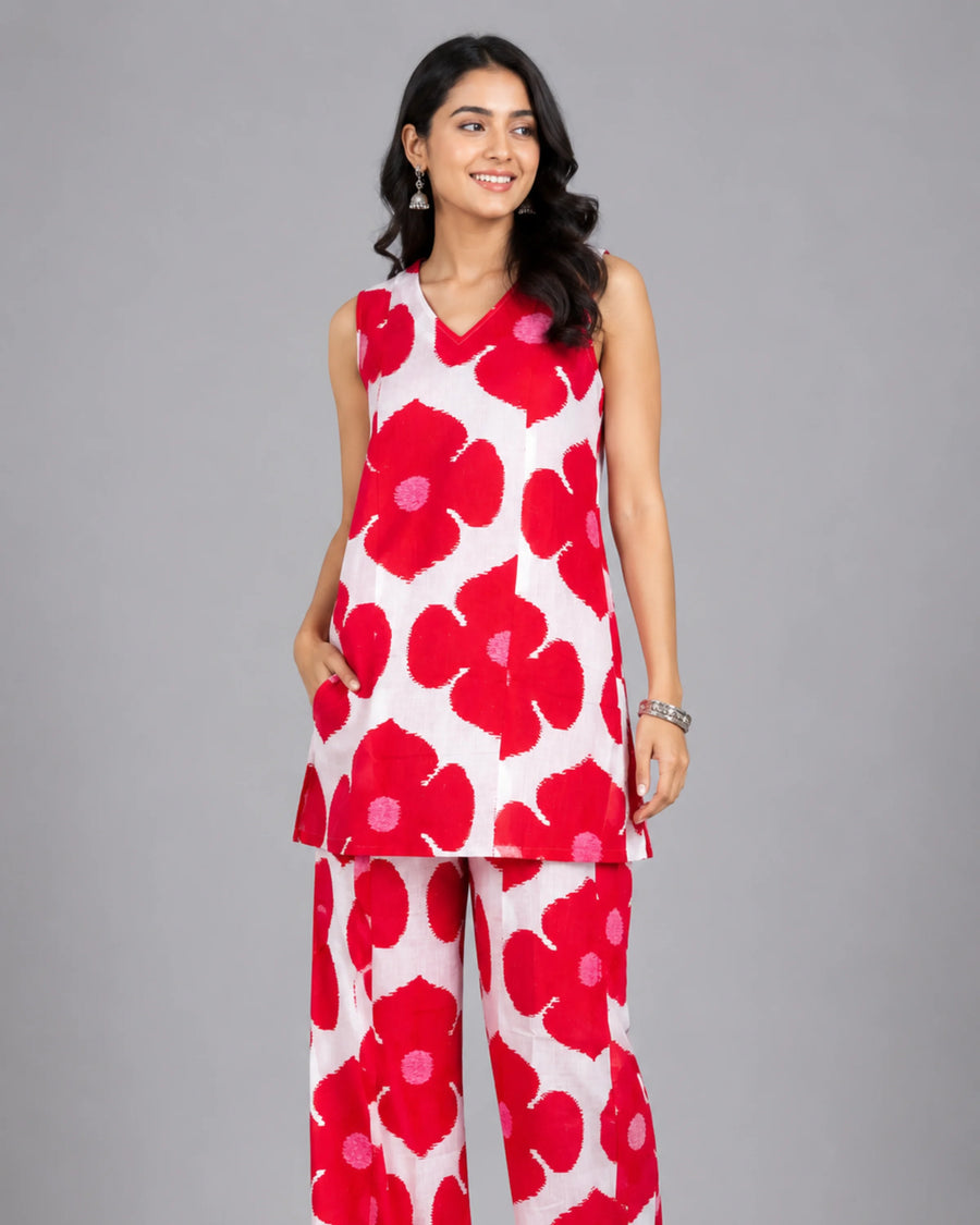Coral Floral Co-Ord Set - M - Kurti Set