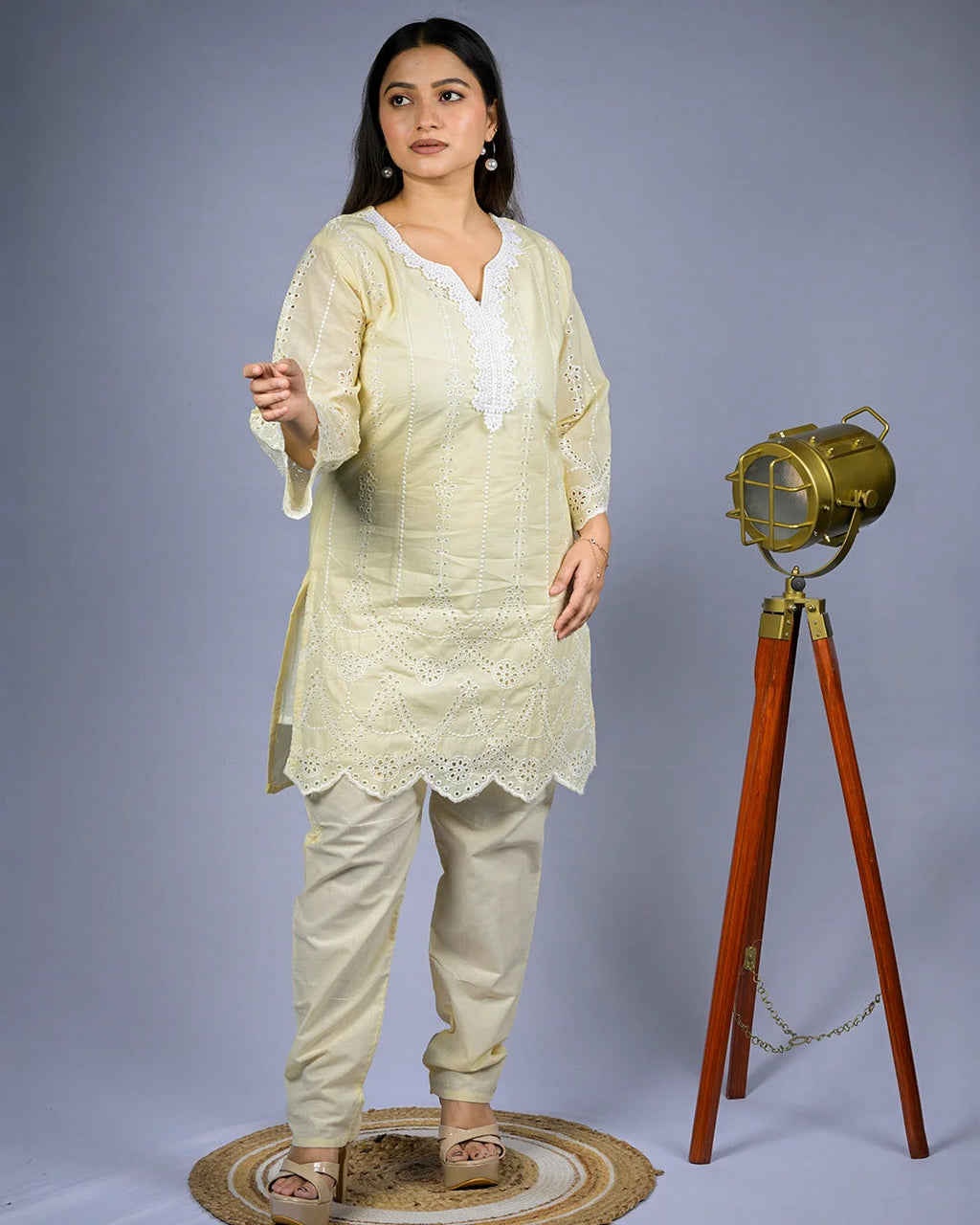 Cream Embroidered Co-Ord Set - M - Kurti Set