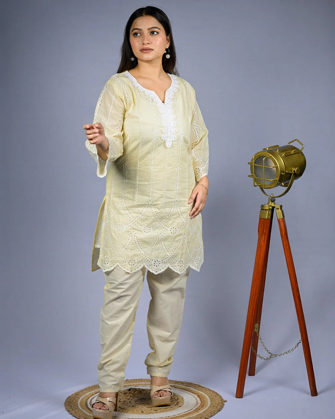 Cream Embroidered Co-Ord Set - M - Kurti Set