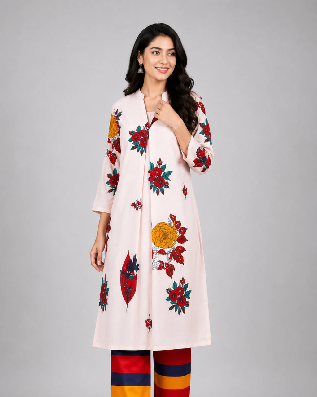 Floral Kurti Pant Set - M - Kurti Set