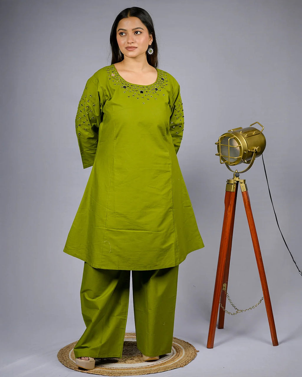 Lime Green Mirror Set - M - Kurti Set