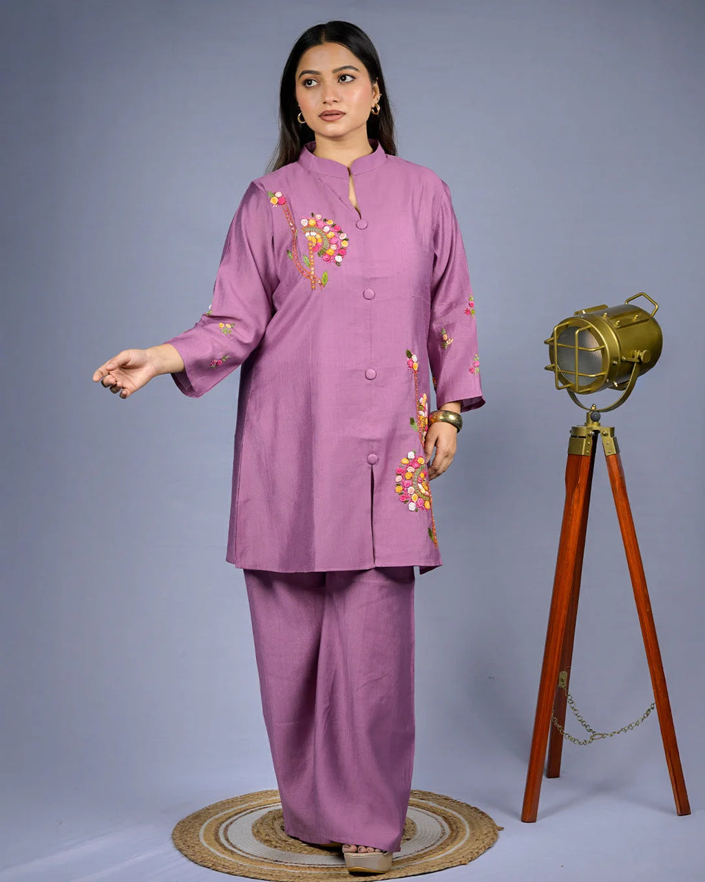 Mauve Embroidered Co-Ord Set - M - Kurti Set