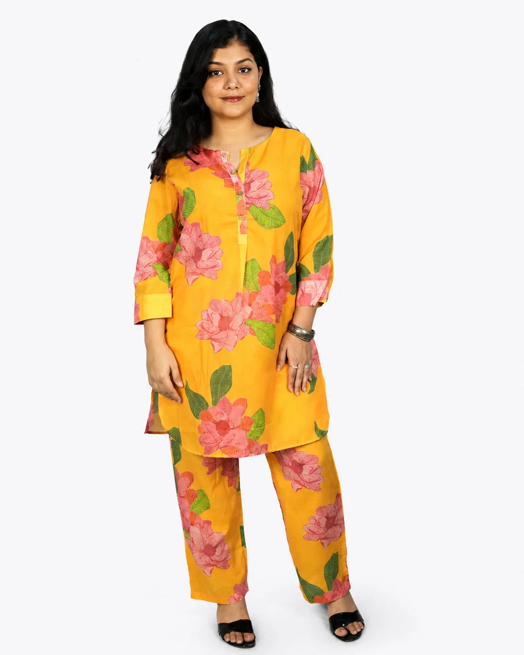 Mustard Floral Co-Ord Set - Kurti Set