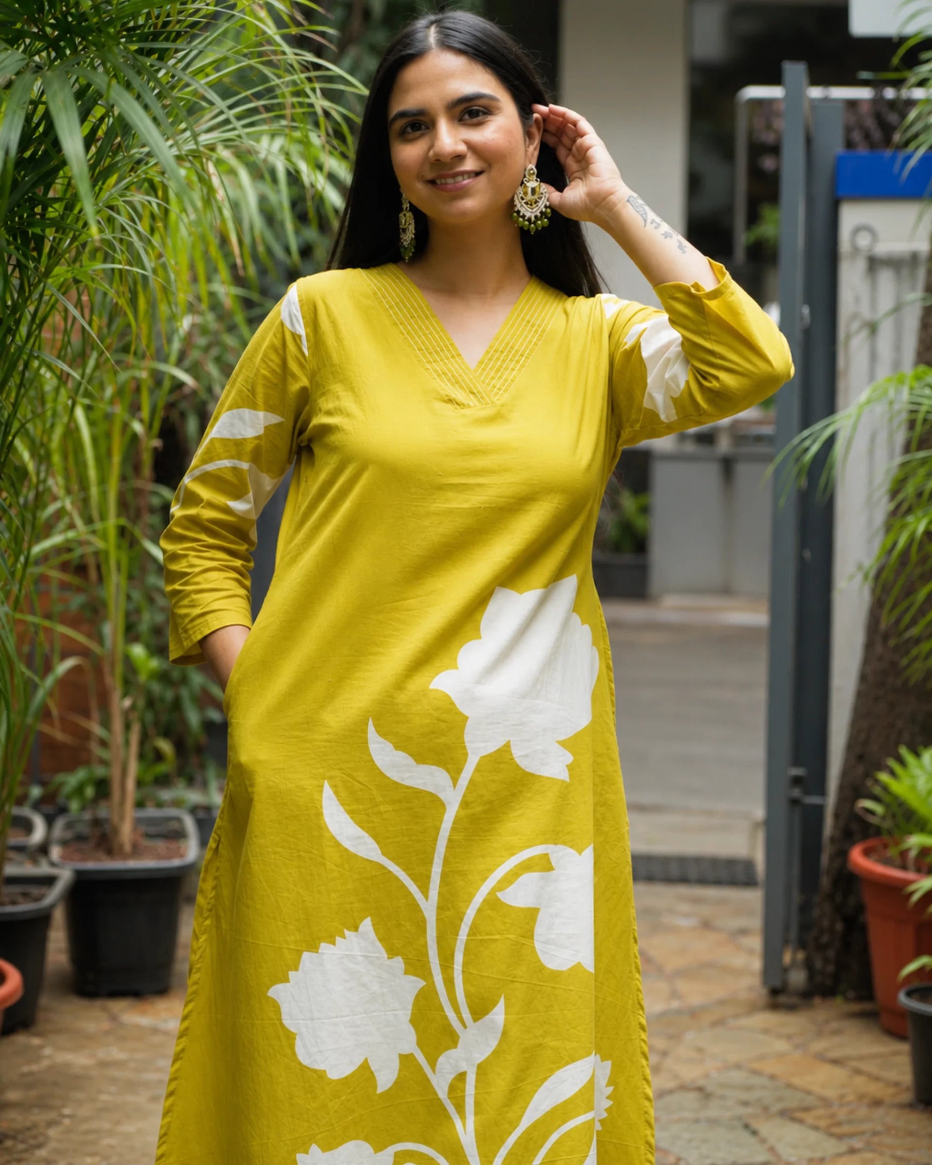 Mustard Floral Kurta Set - Kurti Set
