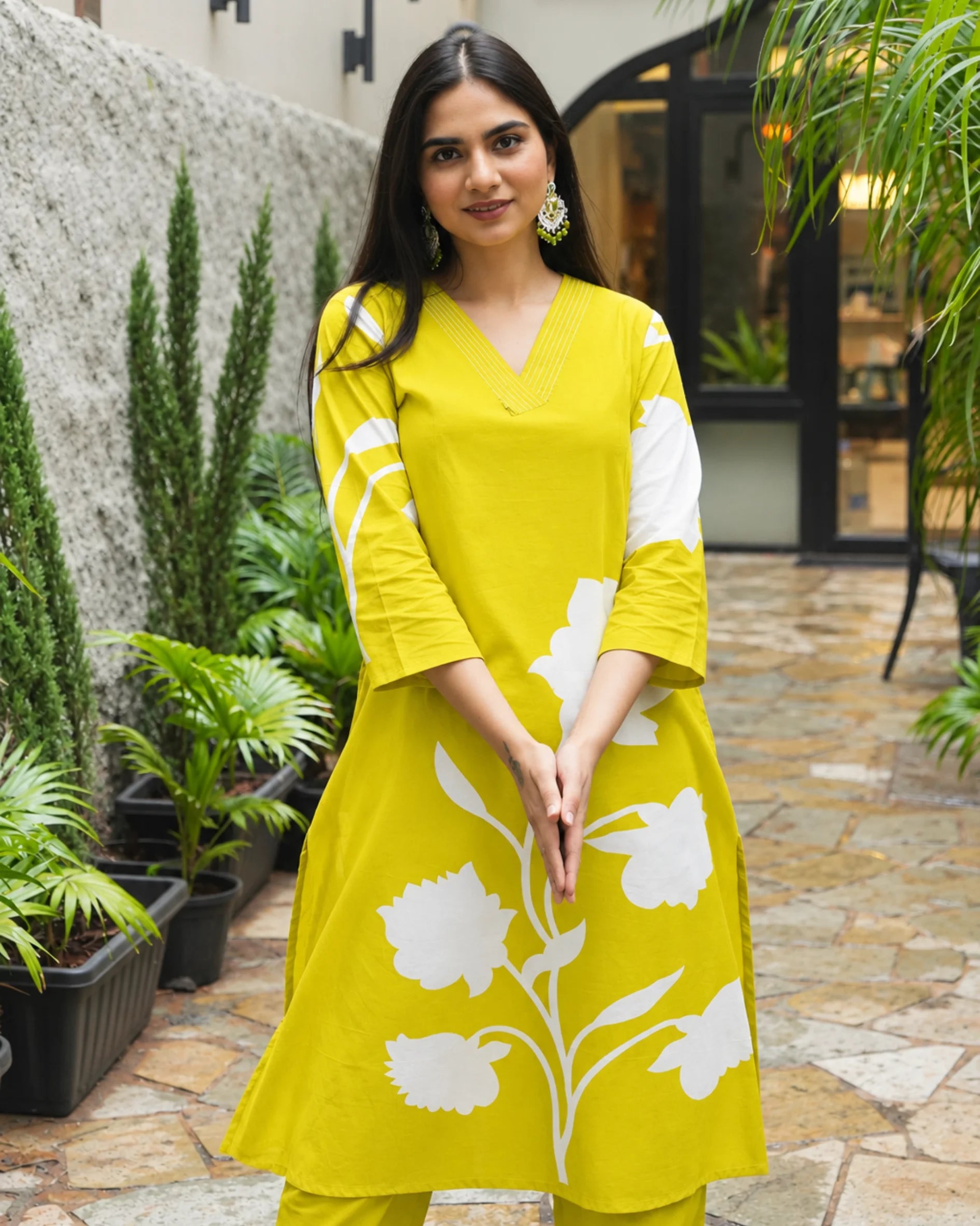 Mustard Floral Kurta Set - Kurti Set