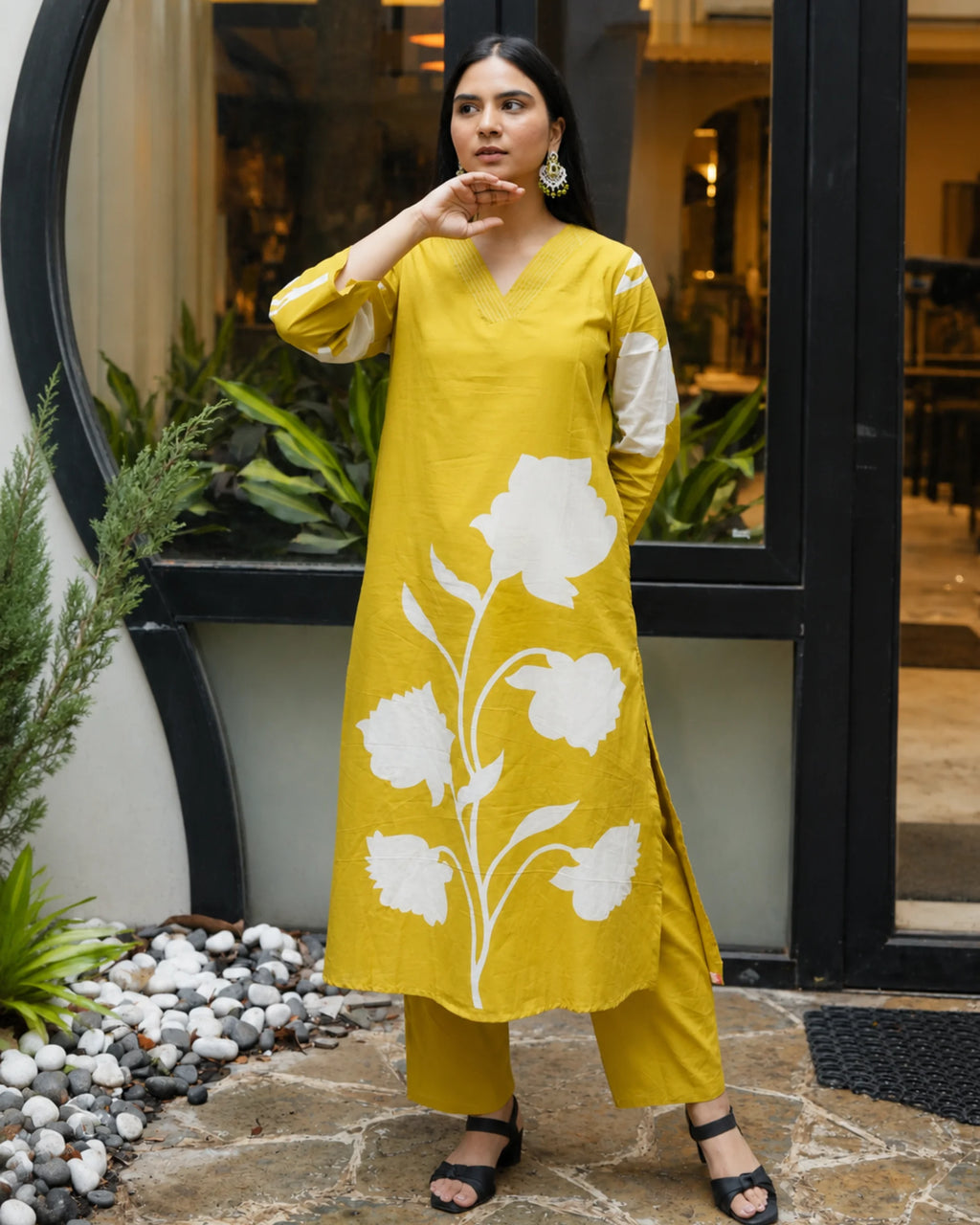 Mustard Floral Kurta Set - Kurti Set