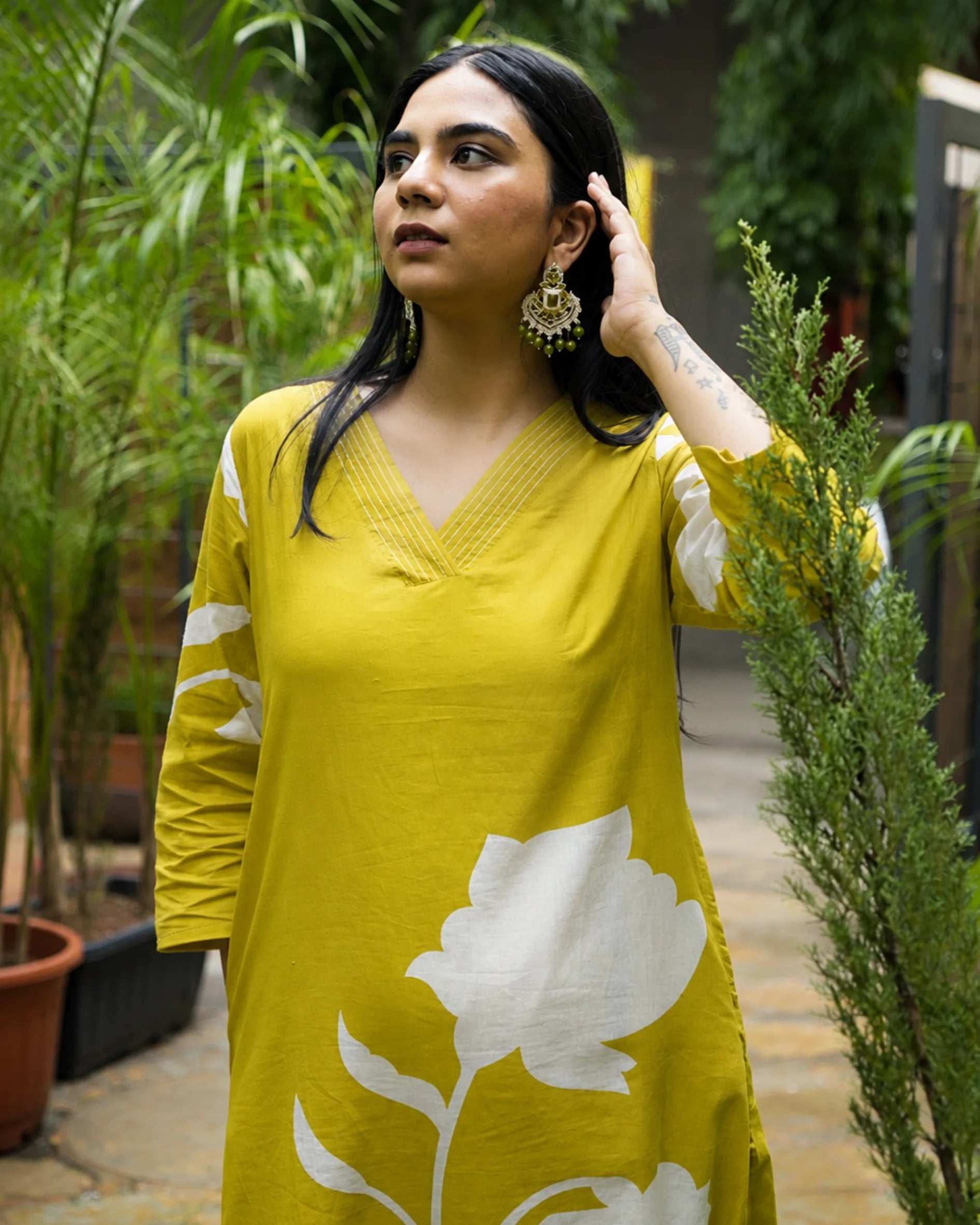 Mustard Floral Kurta Set - Kurti Set