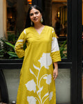 Mustard Floral Kurta Set - M - Kurti Set
