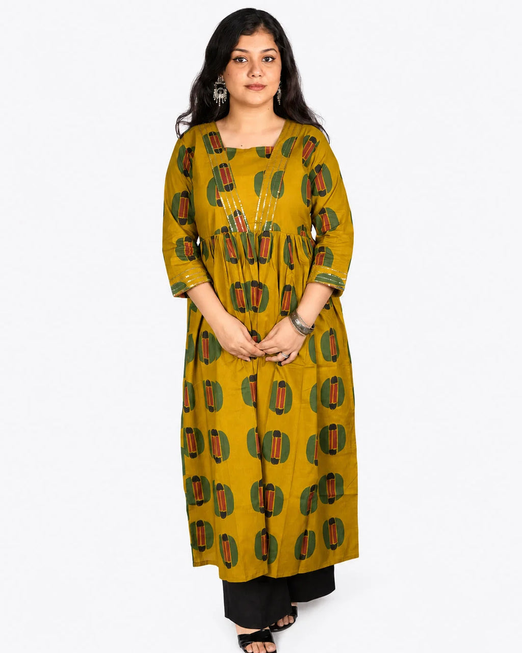 Mustard Printed A-Line Kurti - M - Kurti