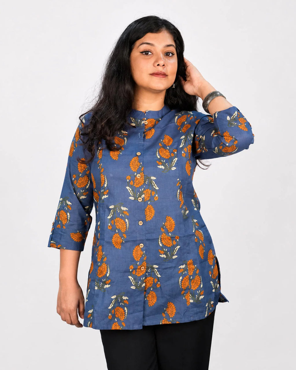 Navy Floral Kurti - M - Kurti