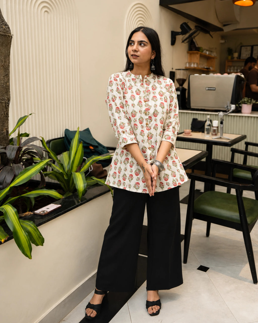 Off White Floral kurti - Kurti Set