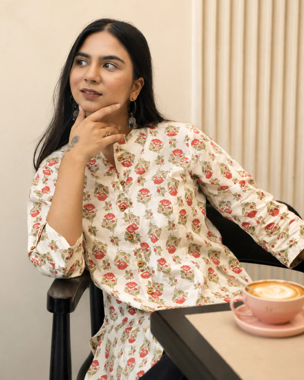 Off White Floral kurti - Kurti Set