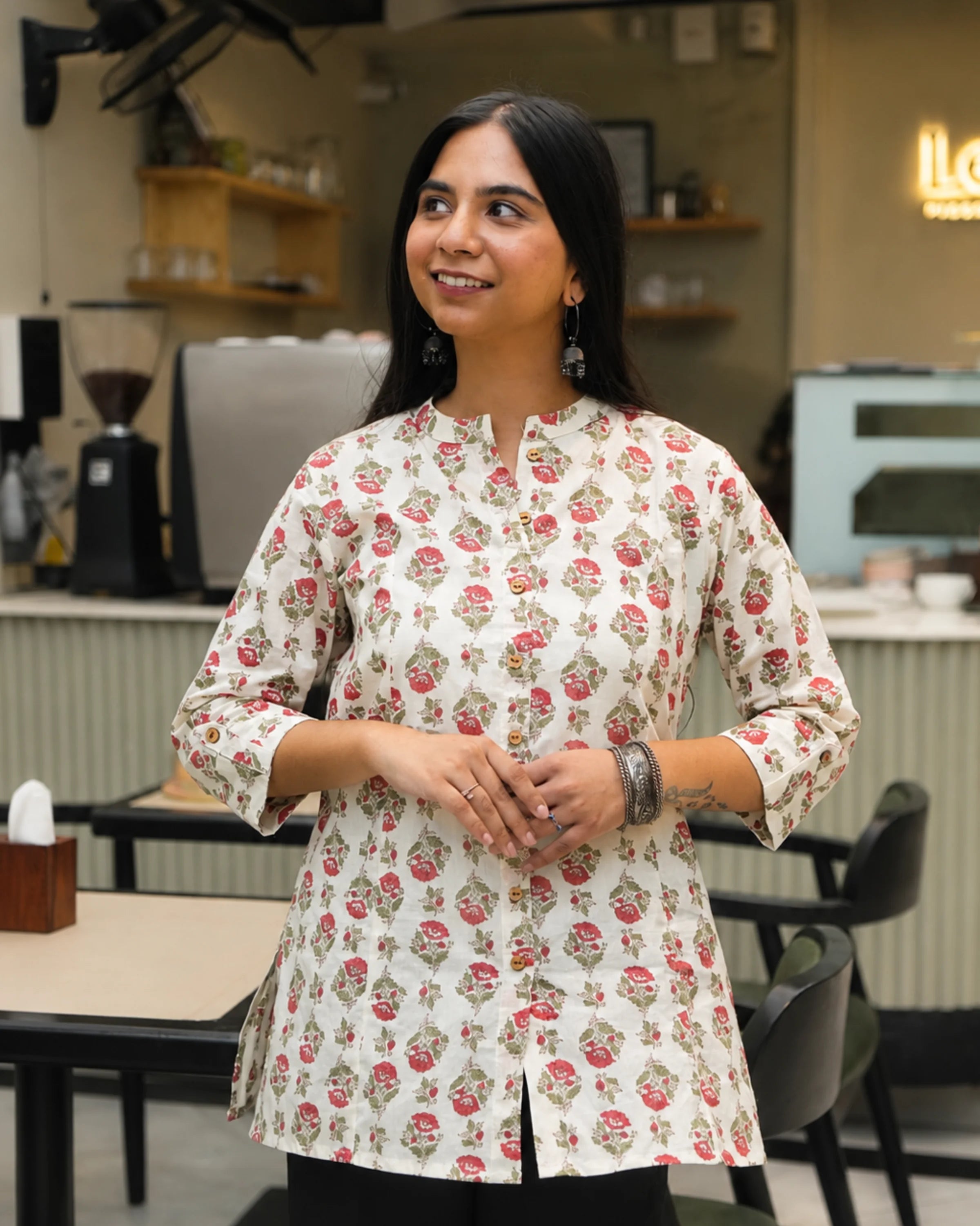 Off White Floral kurti - Kurti Set