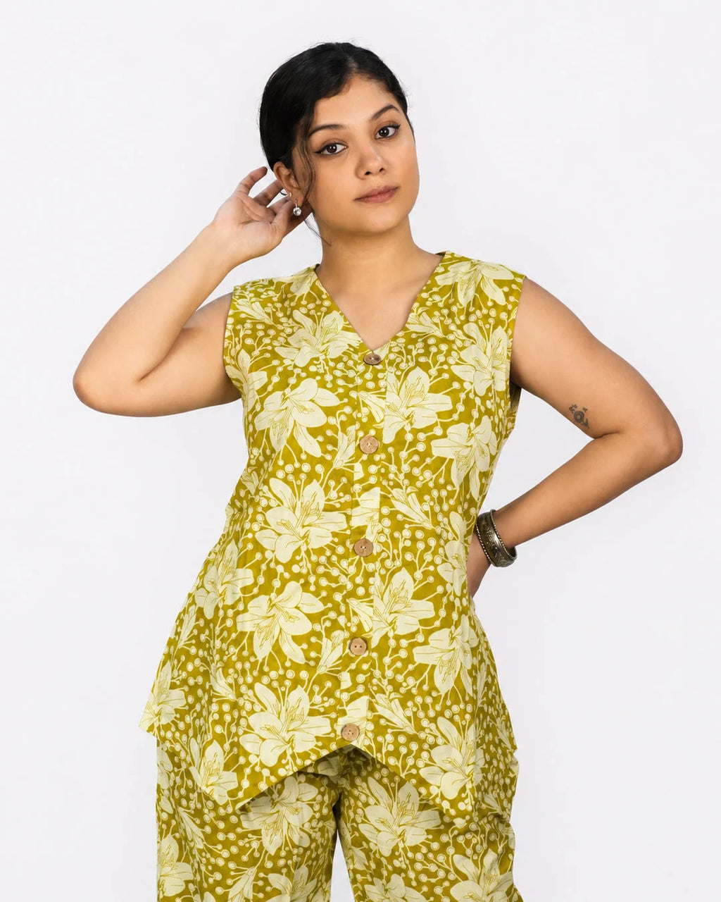 Olive Floral Co-Ord Set - Kurti Set