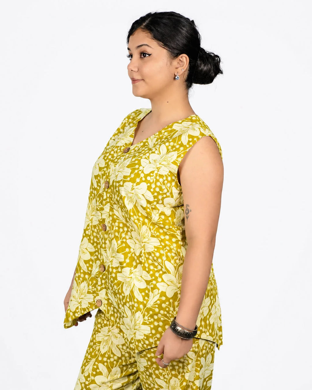 Olive Floral Co-Ord Set - Kurti Set