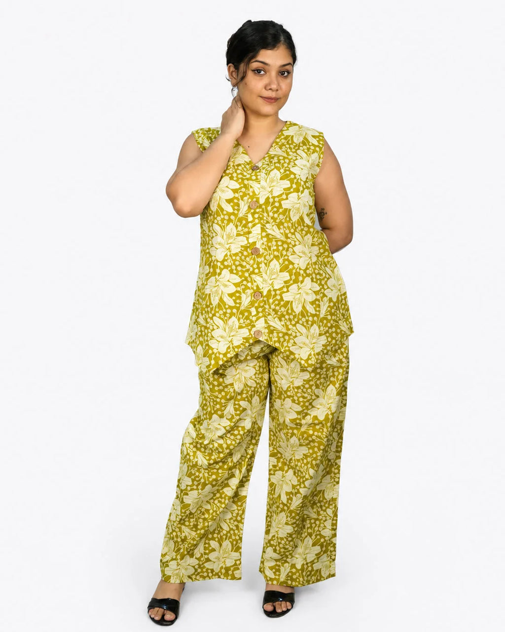 Olive Floral Co-Ord Set - M - Kurti Set