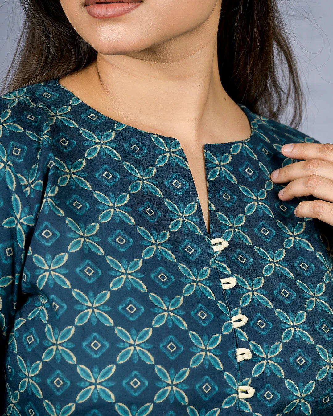 Teal Blue Printed Kurti - Kurti