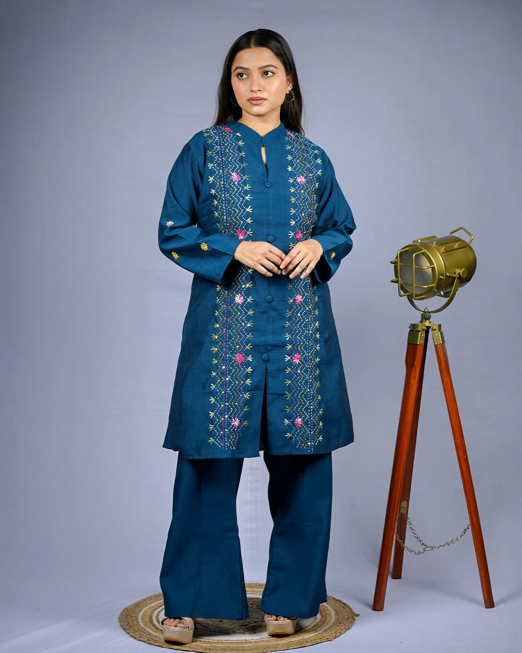 Teal Embroidered Co-Ord Set - M - Kurti Set