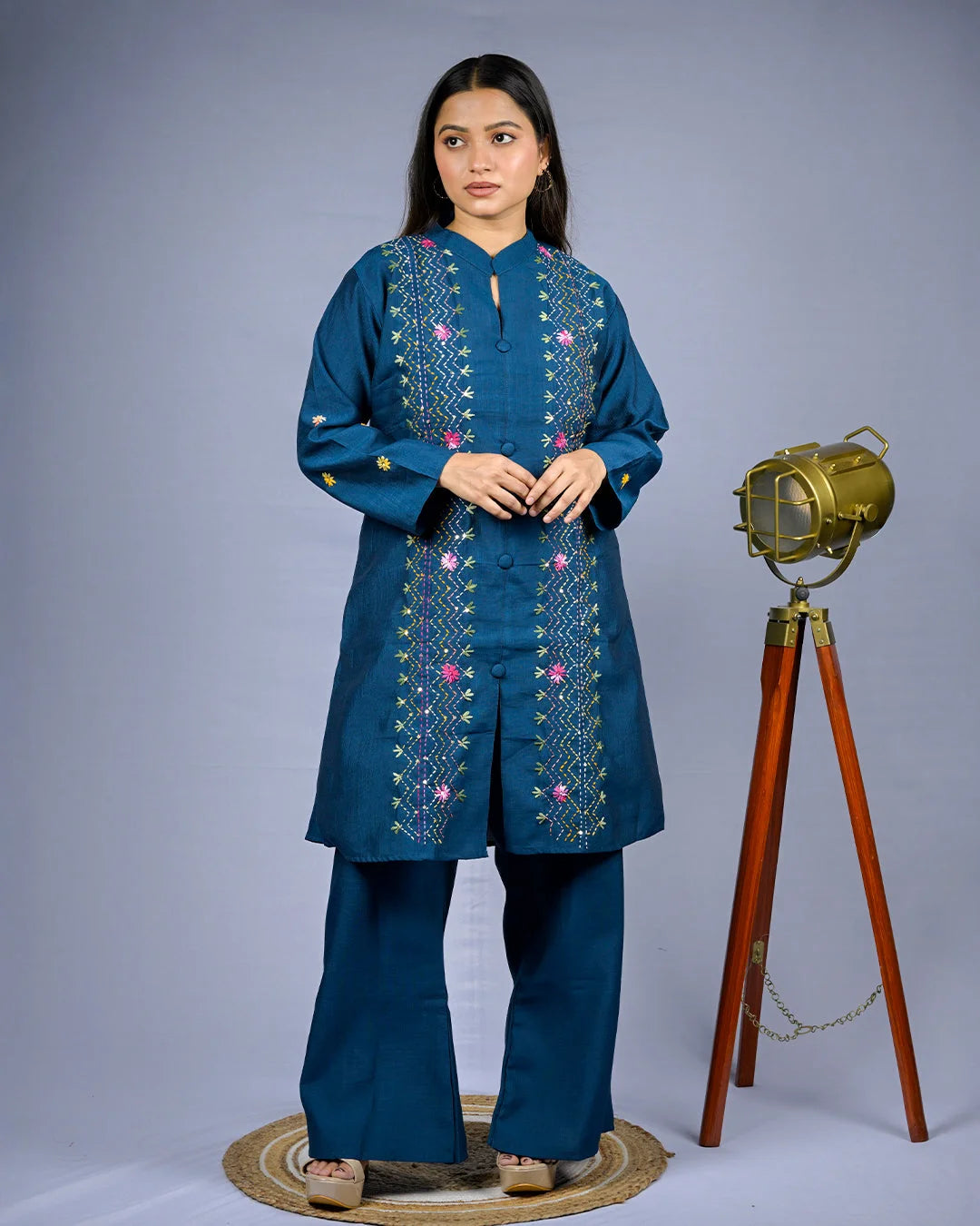 Teal Embroidered Co-Ord Set - M - Kurti Set
