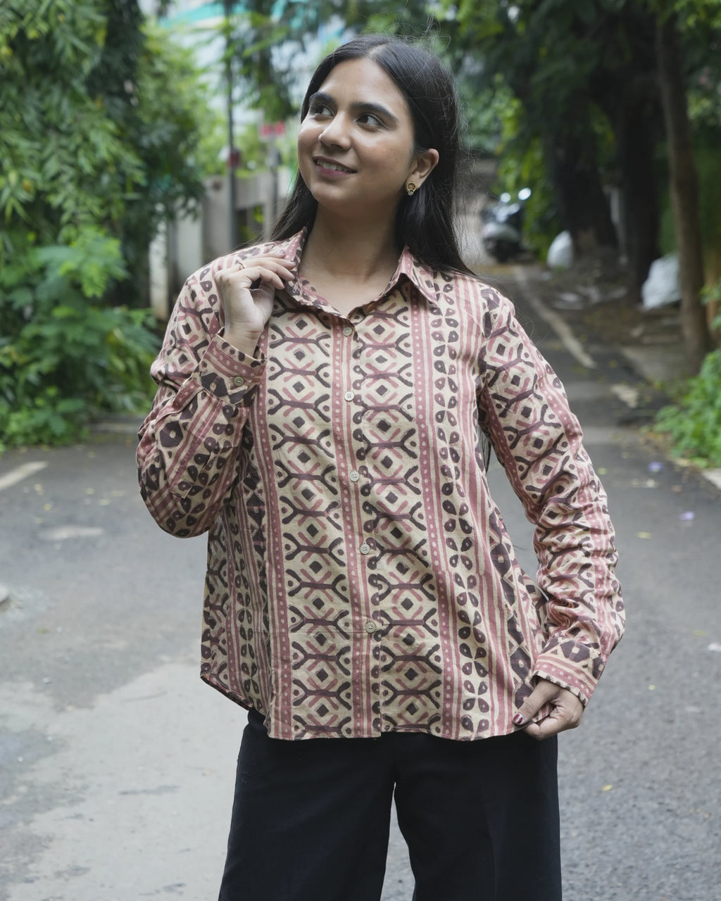 Women’s Beige Ethnic Printed Cotton Shirt - XS - Shirt
