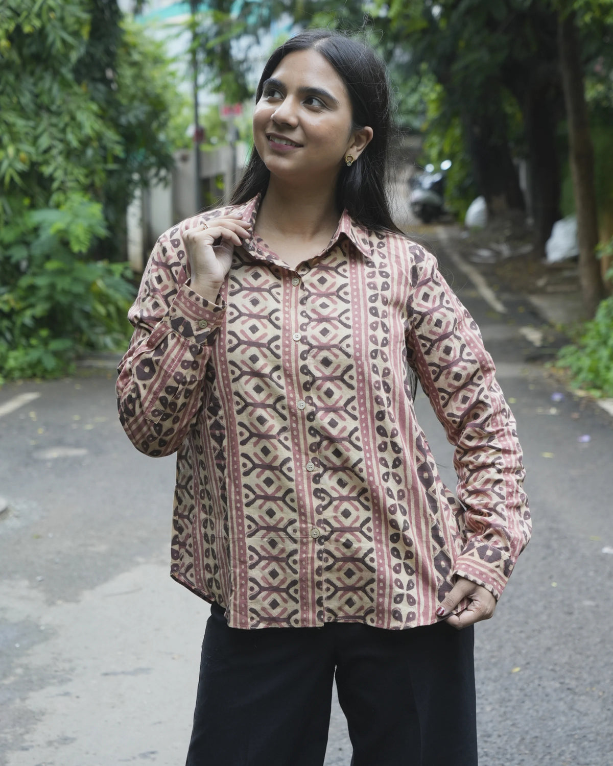 Women’s Beige Ethnic Printed Cotton Shirt - XS - Shirt