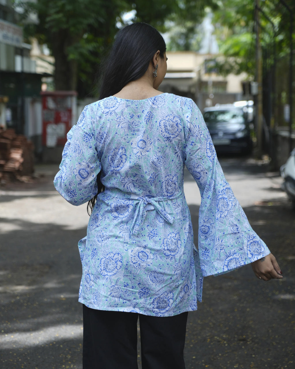 Women’s Blue Floral Bell Sleeve Short Kurti - Kurti