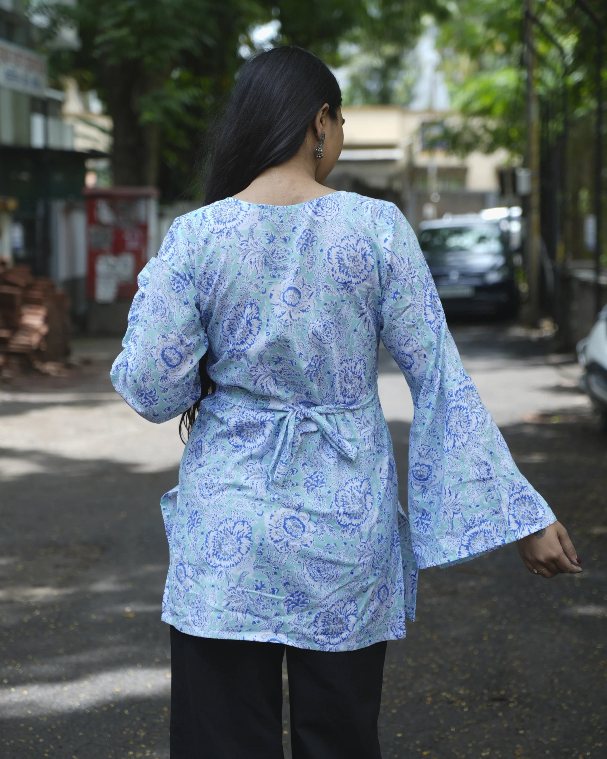 Women’s Blue Floral Bell Sleeve Short Kurti - Kurti