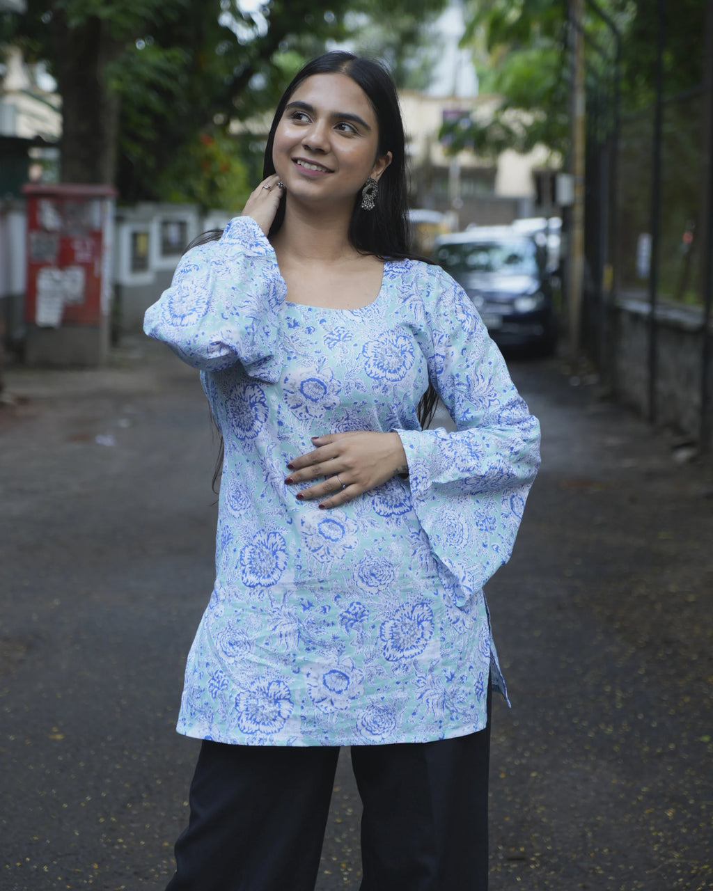 Women’s Blue Floral Bell Sleeve Short Kurti - Kurti