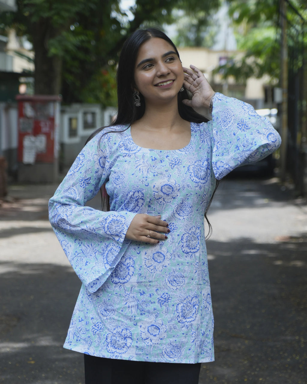 Women’s Blue Floral Bell Sleeve Short Kurti - Kurti