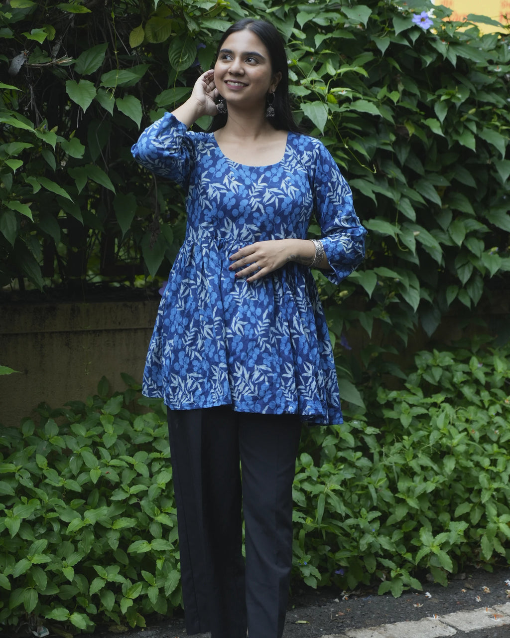 Women’s Blue Floral Peplum Top - top