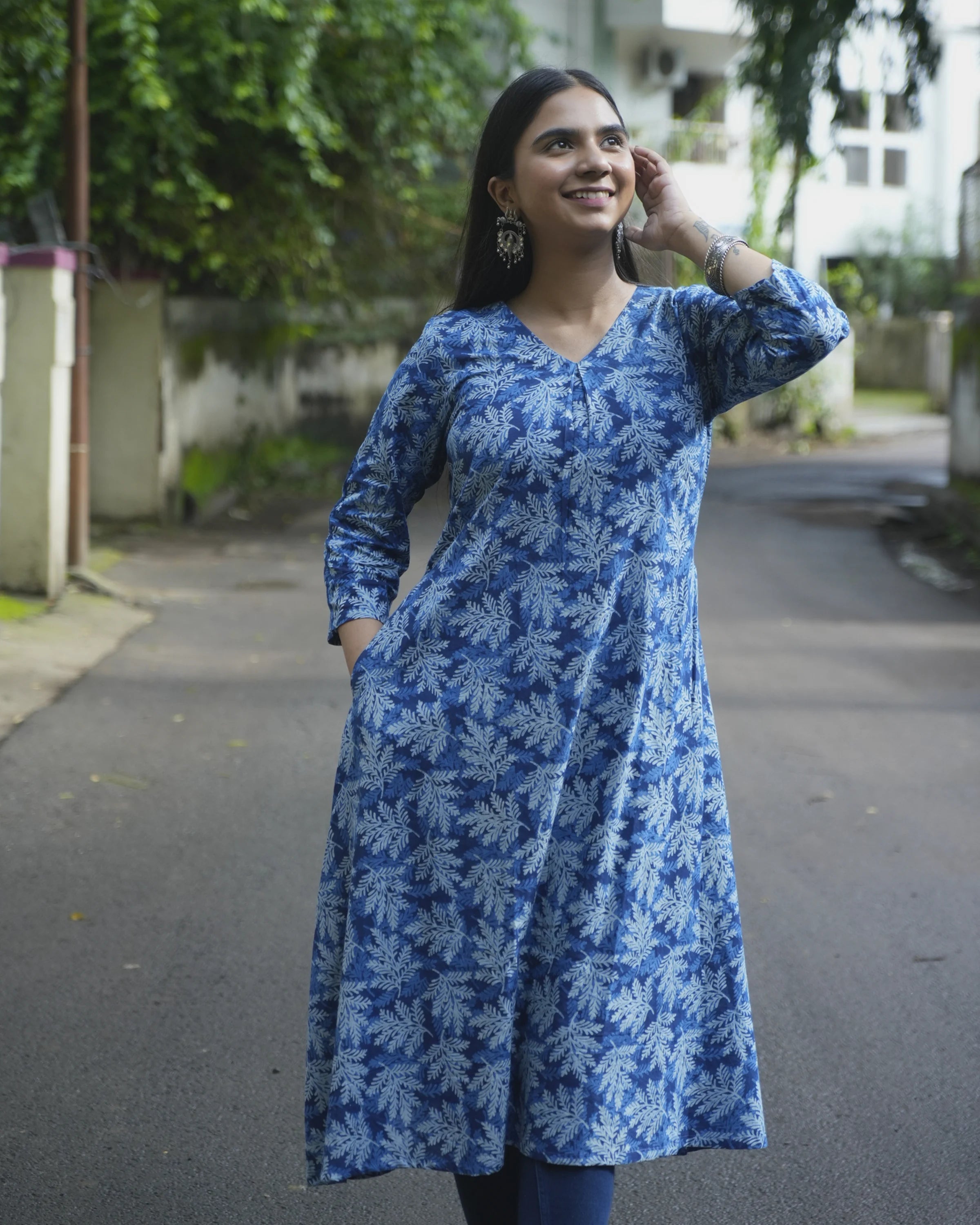 Women’s Blue Floral Printed A-Line Kurti - Kurti