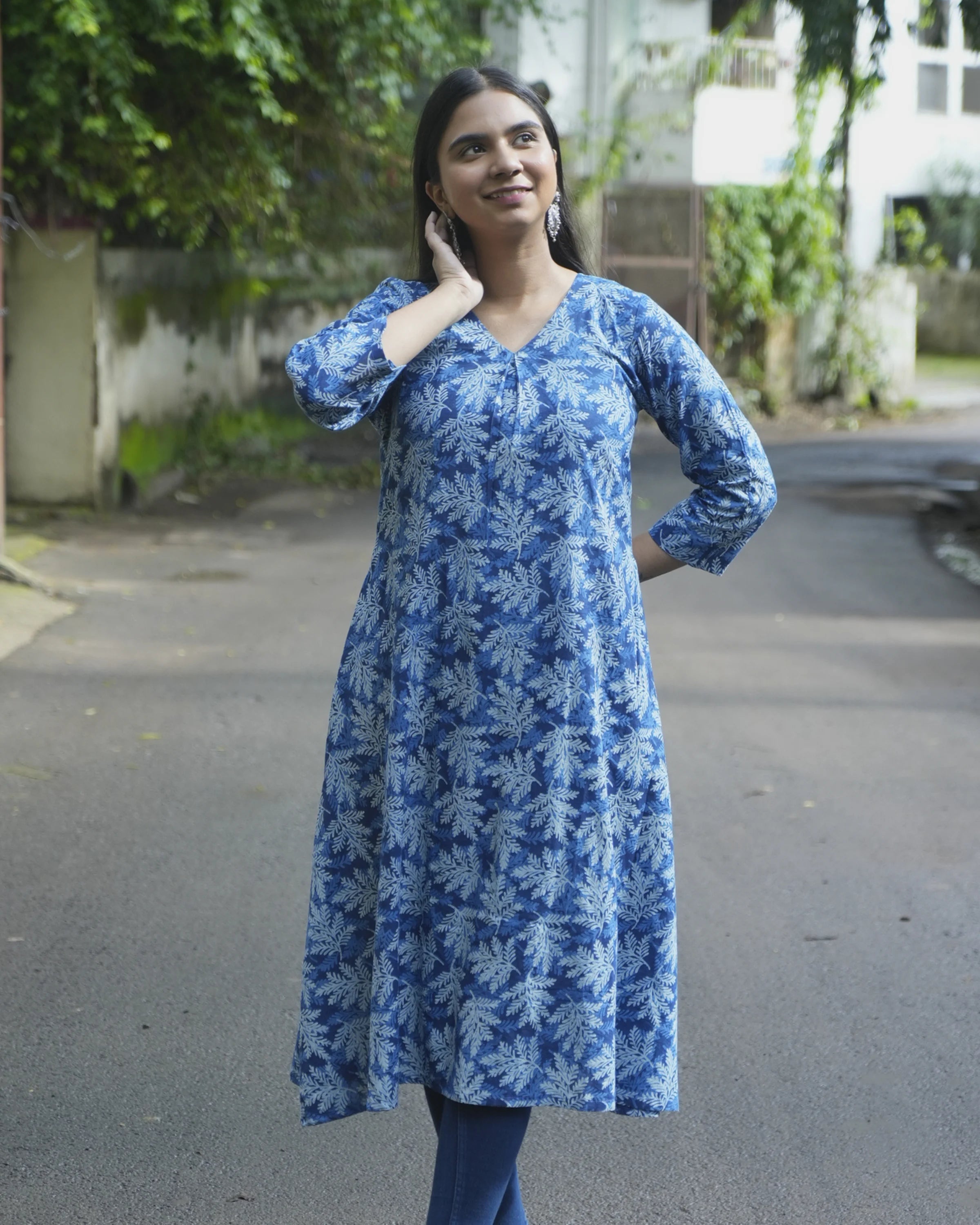 Women’s Blue Floral Printed A-Line Kurti - XS - Kurti
