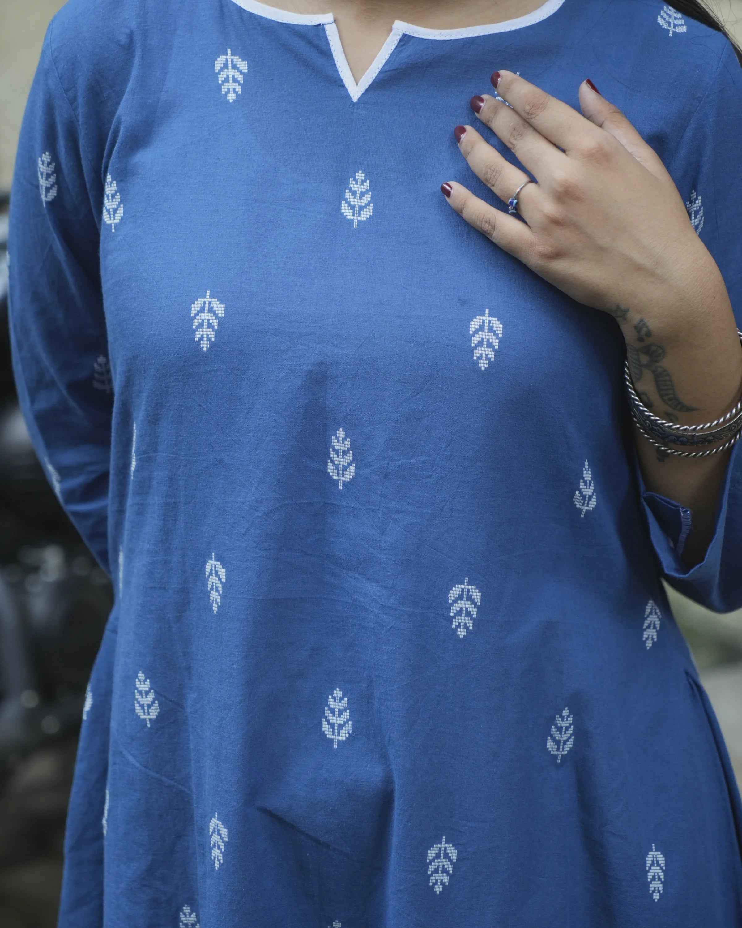 Women’s Blue Leaf Printed A-Line Kurta - Kurti