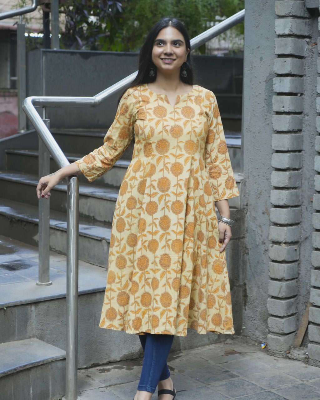 Women’s Mustard Floral Printed A-line Kurti - Kurti