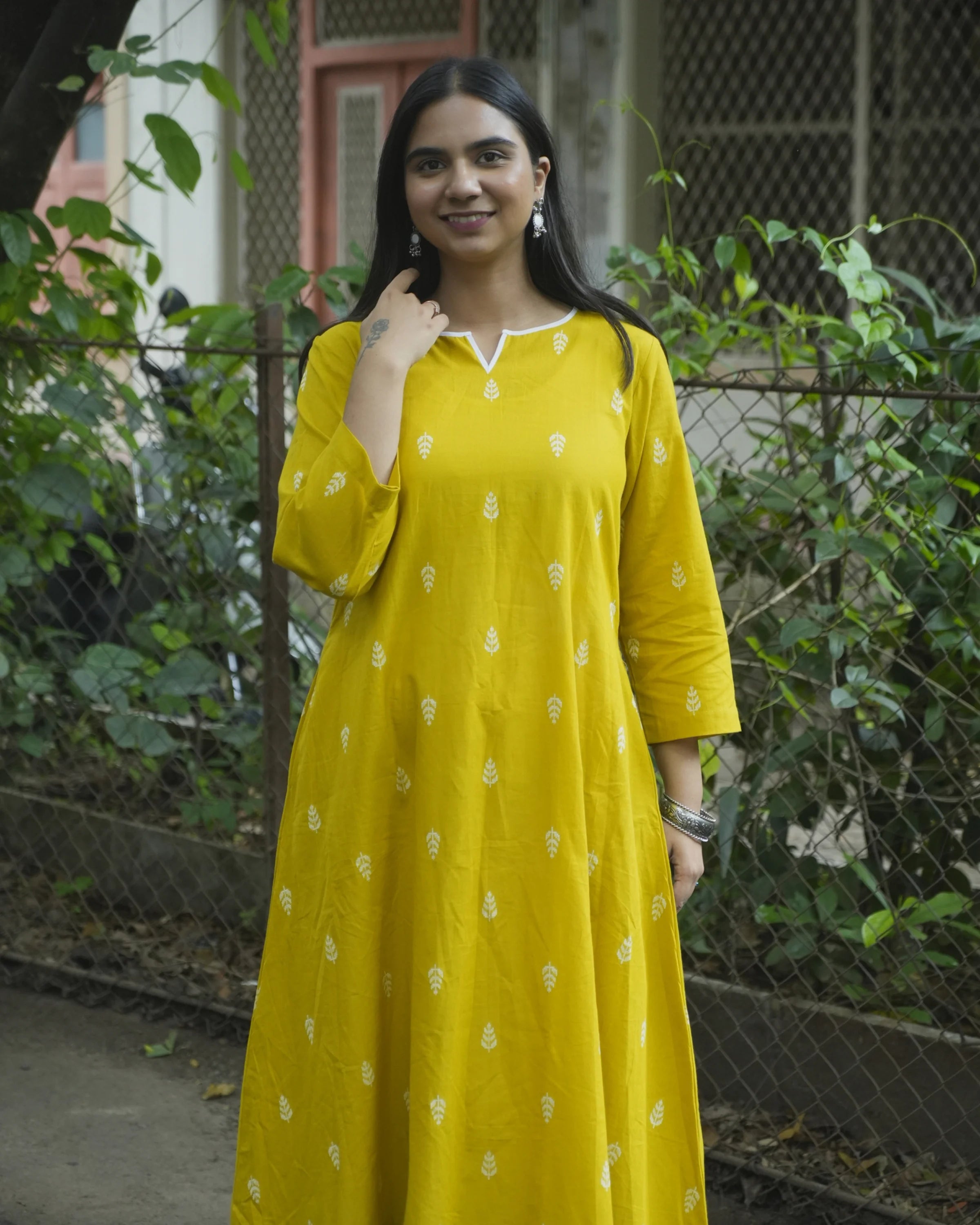 Women’s Mustard Leaf Printed A-Line Kurti - XS - Kurti