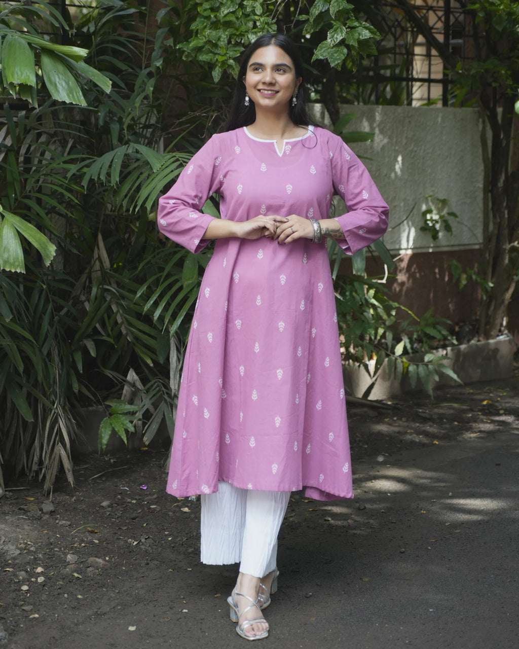 Women’s Pink Leaf Printed A-Line Kurti - Kurti