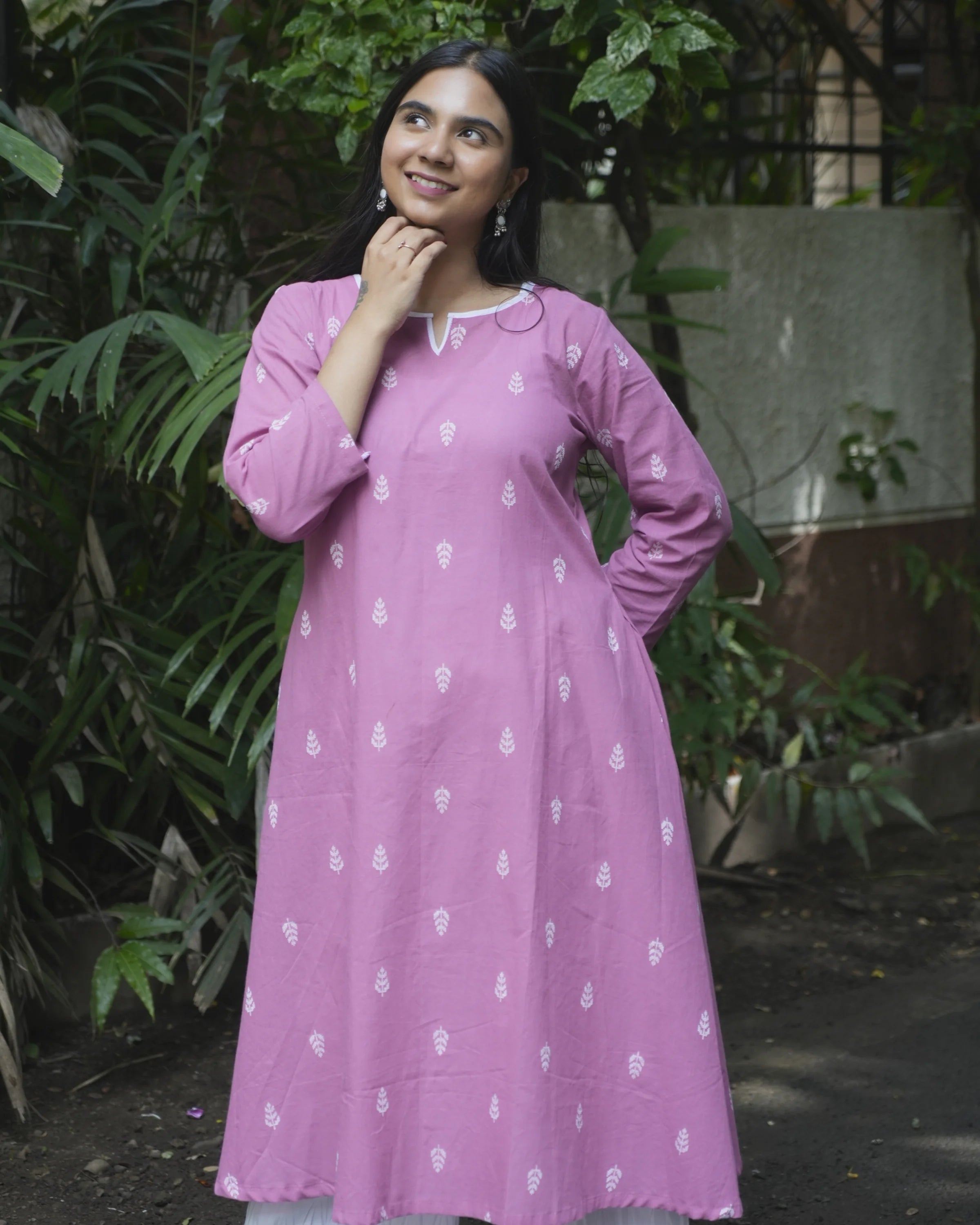 Women’s Pink Leaf Printed A-Line Kurti - XS - Kurti